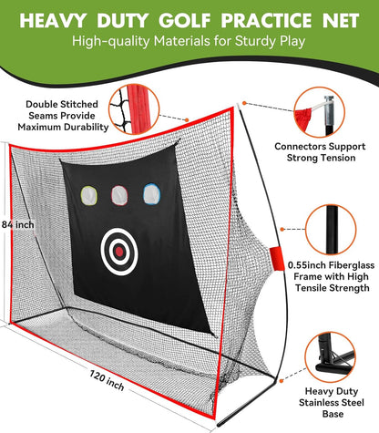 Golf Net: 10X7Ft Heavy Duty Golf Practice Net for Indoor/Outdoor Training, Portable Golf Hitting Net with Carry Bag, Ideal Golf Training Aid for Golfers Backyard Driving Chipping Swing (Standard)