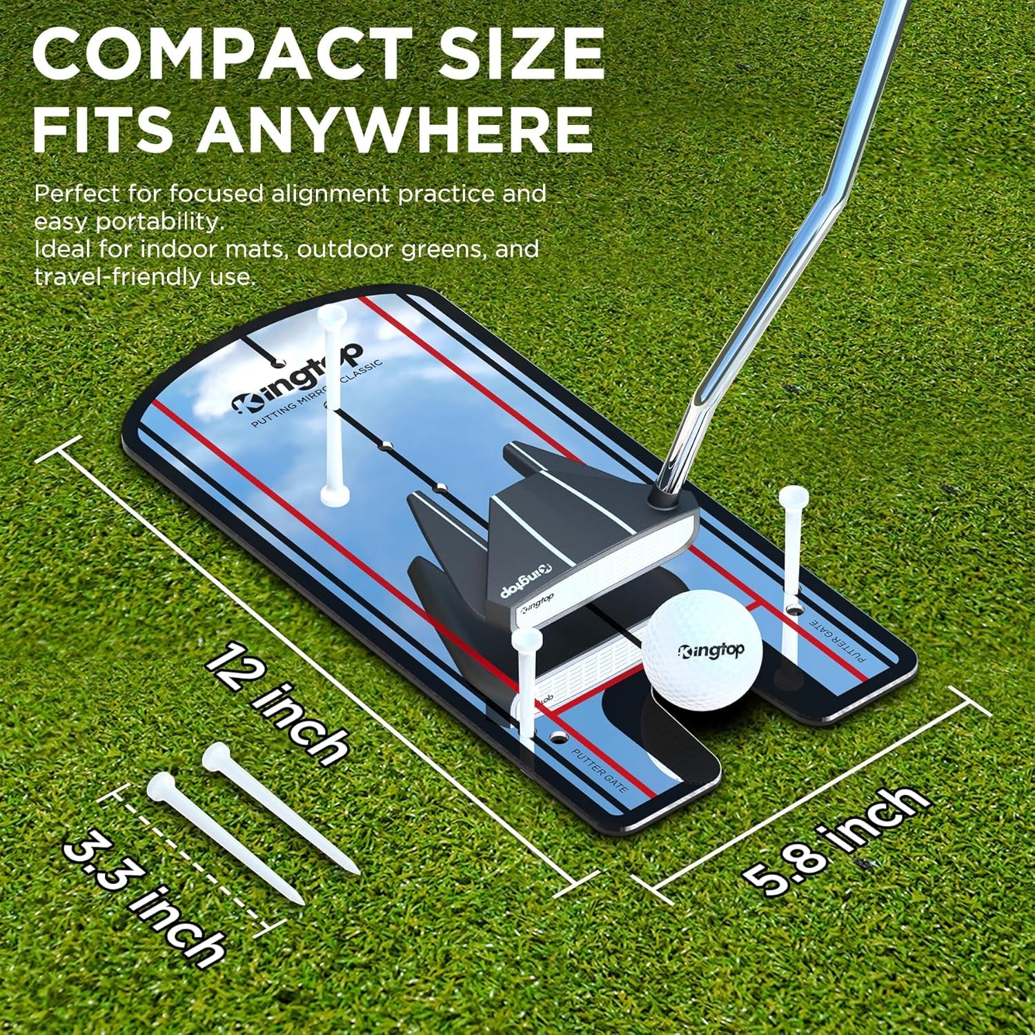 Golf Putting Alignment Mirror with Putting Cup Combo, Portable Swing Training Aids, Practice Putting Trainer with Hole Cup Set, Mirror Size 12”L X 6”W