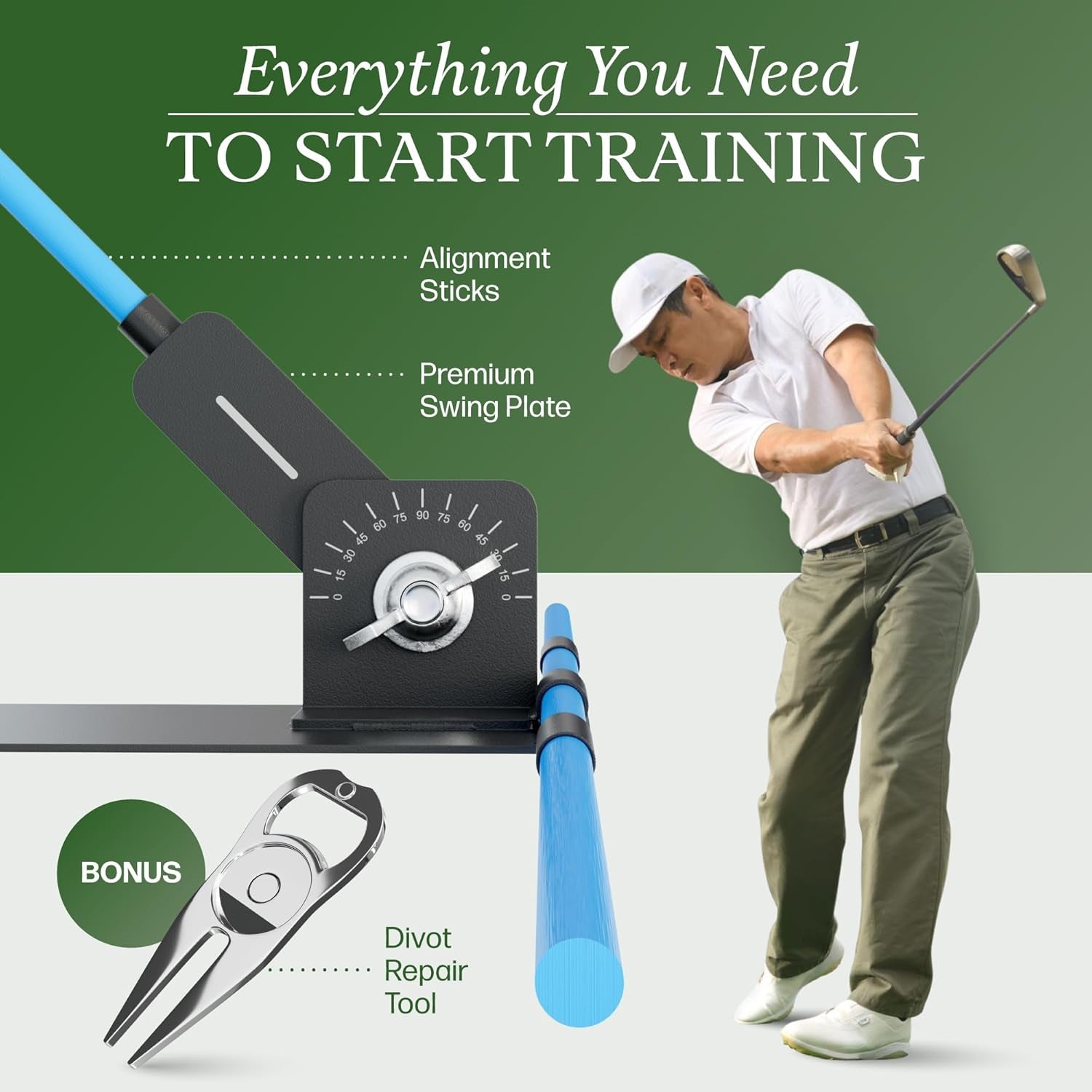 Golf Alignment Stick Holder Plate, Professional Swing Trainer, Practice Tool Training Equipment Golfing Accessory Complete with Alignment Sticks and Divot Repair Tool