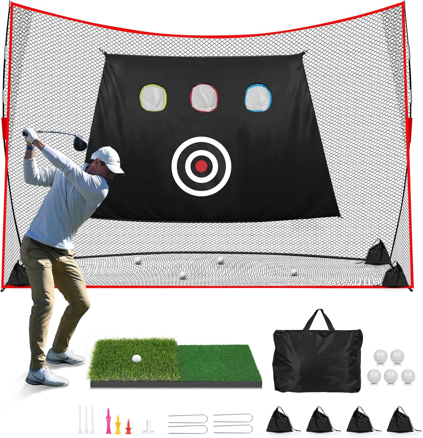 Golf Net: 10X7Ft Heavy Duty Golf Practice Net for Indoor/Outdoor Training, Portable Golf Hitting Net with Carry Bag, Ideal Golf Training Aid for Golfers Backyard Driving Chipping Swing (Standard)